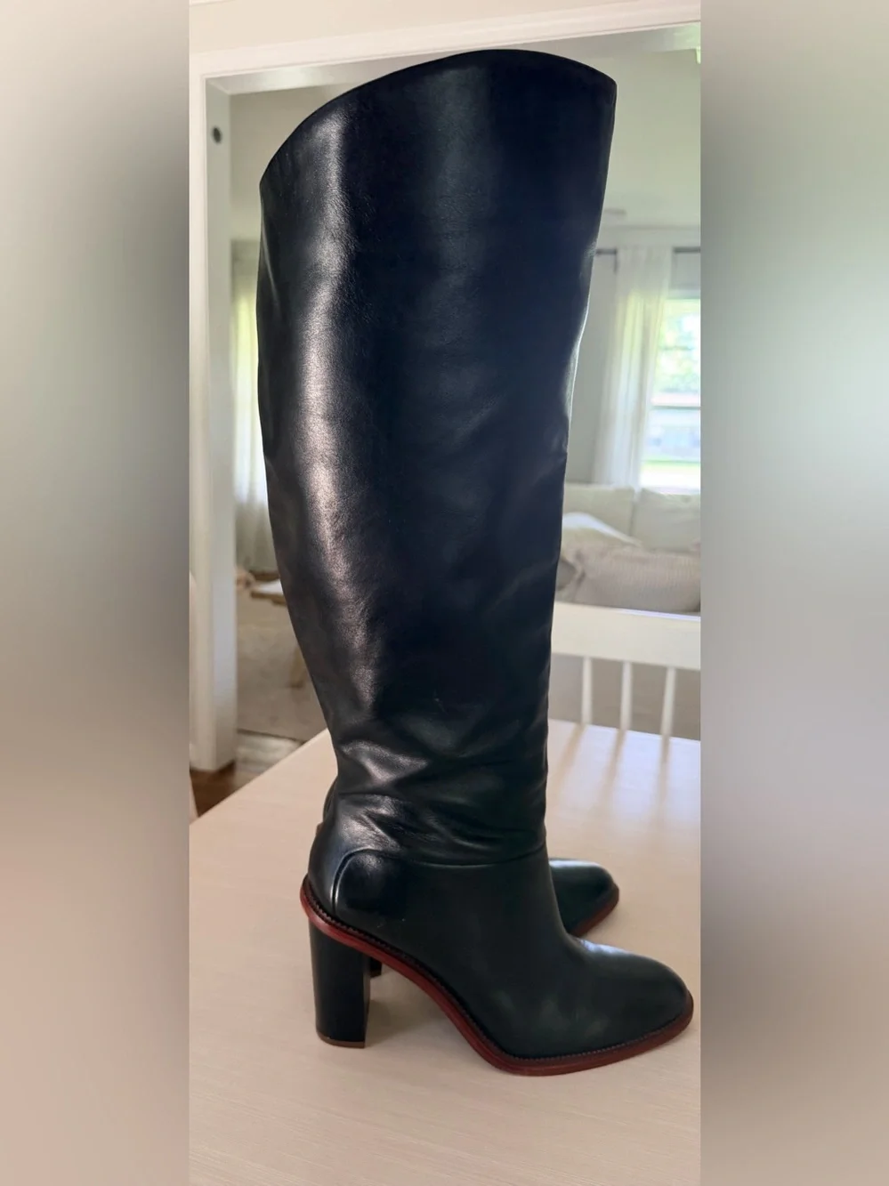 Vince Camuto Black Leather Over-the-Knee Boots with Brown Trim